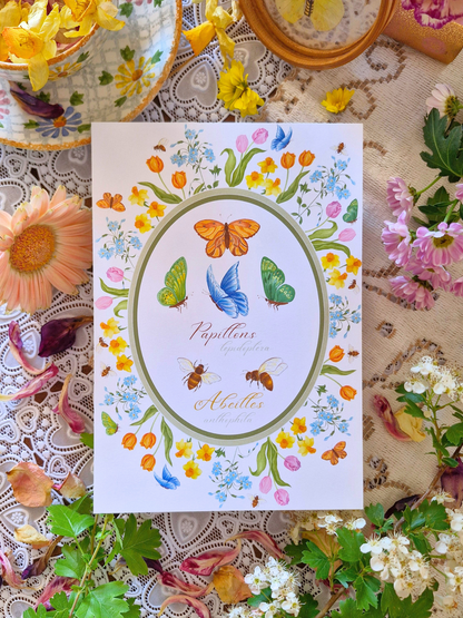 Affiche Printanière PAPILLONS & ABEILLES