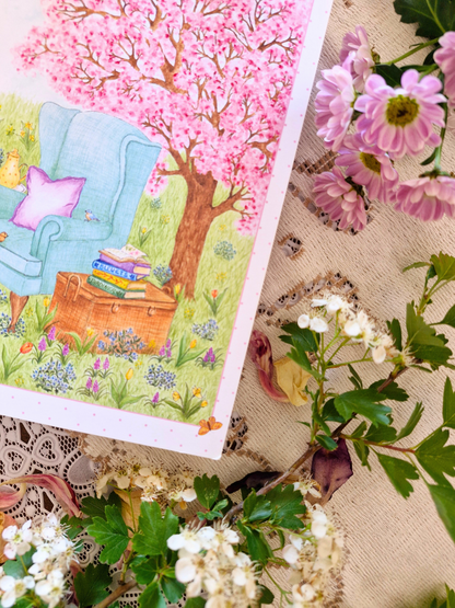 Carte Printanière A5 LECTURE PRINTANIERE rose