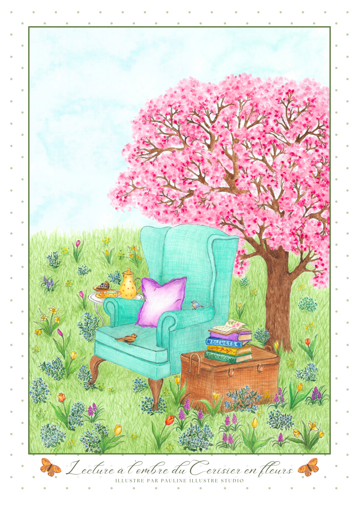 Affiche Printanière LECTURE SOUS LE CERISIER