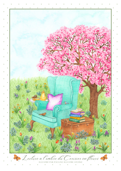 Affiche Printanière LECTURE SOUS LE CERISIER