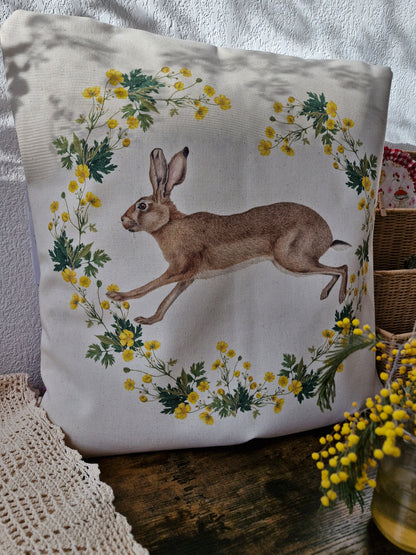 Housse de Coussin "Lièvre Joyeux" Naturel