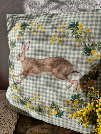 Housse de Coussin "Lièvre Joyeux" vichy vert