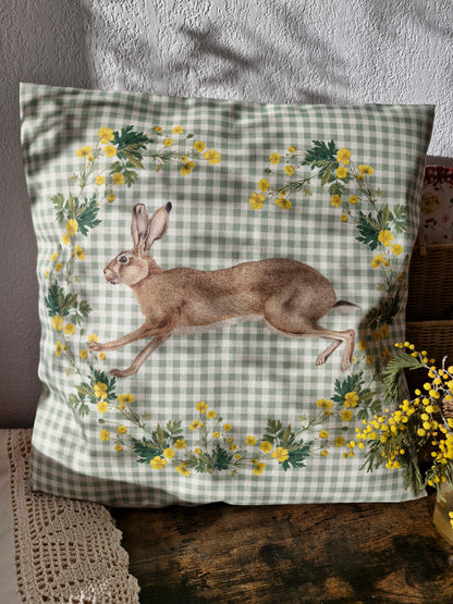 Housse de Coussin "Lièvre Joyeux" vichy vert