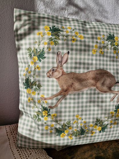 Housse de Coussin "Lièvre Joyeux" vichy vert